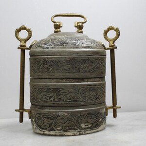 Antique Hand Wrought Copper Tinned Stacking Bowls Lunch/Tiffin Box