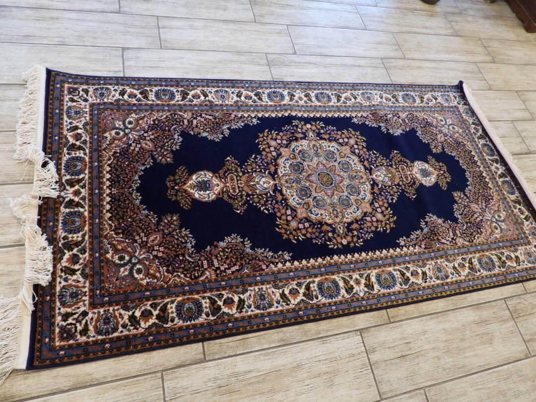 Vintageturkish Madallion Rug/wool Navy Blue Area Rug 100x200 Cm - Etsy
