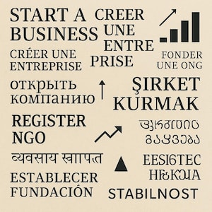 May include: A beige poster with black text in multiple languages, including "START A BUSINESS", "REGISTER NGO", and "ESTABLECER FUNDACIÓN". The poster also features upward-pointing arrows and a bar graph.