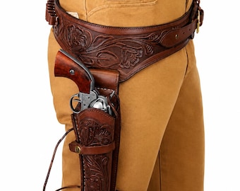 Western Brown Tooled Leather Holster Belt for .44/.45 Colt Revolvers