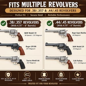 May include: An informational chart titled FITS MULTIPLE REVOLVERS, listing compatibility for .38/.357 and .44/.45 revolvers with 12.06 cm to 15.24 cm barrels. It displays six revolver models including S&W, Ruger, Taurus, and Colt, with icons for leather material and retention straps.