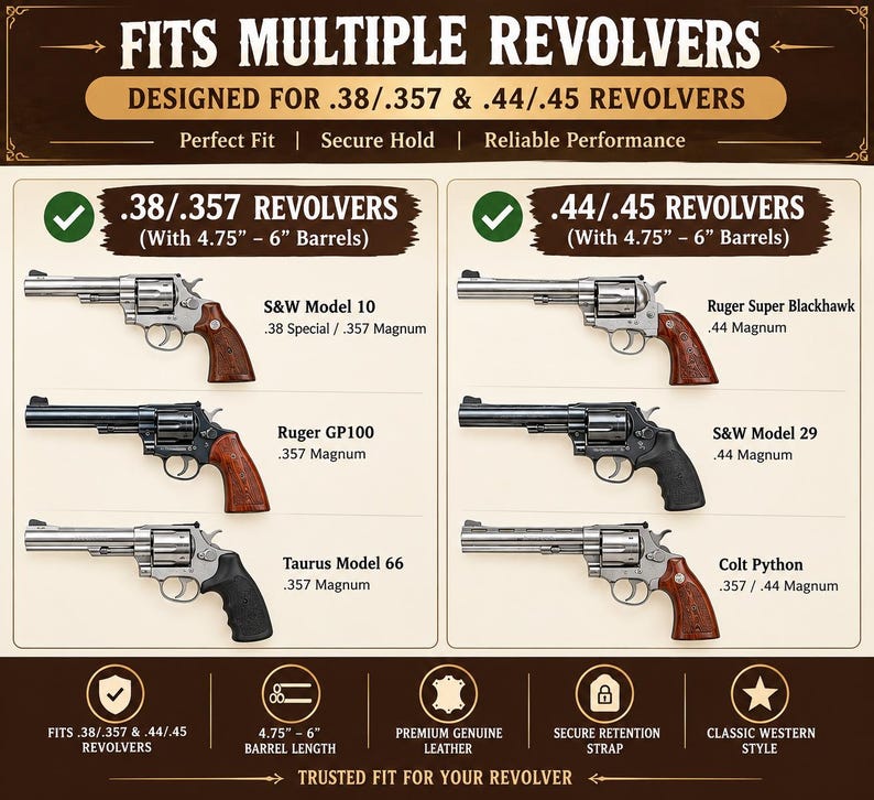 May include: An informational chart titled FITS MULTIPLE REVOLVERS, listing compatibility for .38/.357 and .44/.45 revolvers with 12.06 cm to 15.24 cm barrels. It displays six revolver models including S&W, Ruger, Taurus, and Colt, with icons for leather material and retention straps.