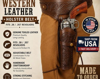 Cowboy Holster Belt .38/.357 Revolver Left Hand Brown Tooled Leather Western SAAS Rig