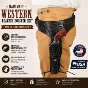 May include: Handmade Western leather holster belt, designed to fit .38/.357 revolvers. The black, genuine tooled leather belt features a secure and comfortable fit, adjustable design, and handcrafted excellence. The holster holds a revolver with a brown handle.