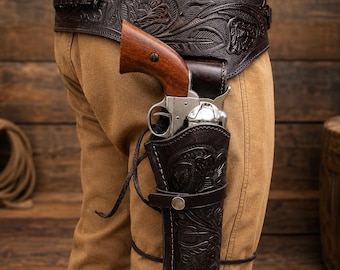 Western Leather Holster Belt for .38/.357 Revolver | Right Hand Black |Handmade Cowboy Rig