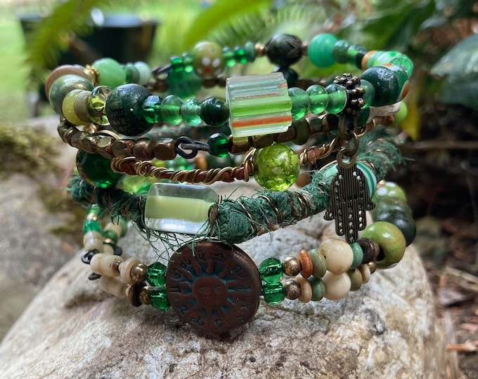 Rustic, tribal gypsy style beaded Bangle Stack in shades of green