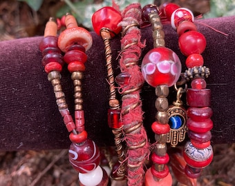 Rustic, tribal gypsy style beaded Bangle Stack in shades of red