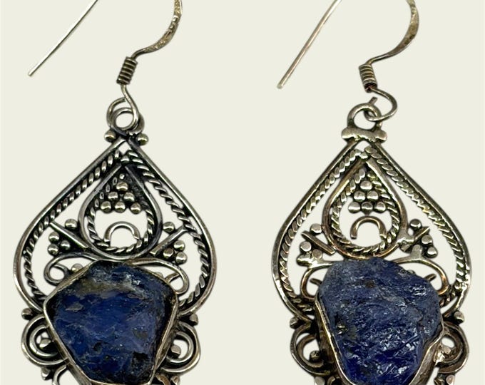 IOLITE raw gemstone dangle earrings in sterling silver filigree, vintage, RARE