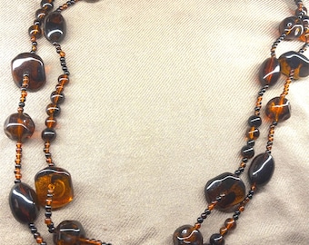 Vintage Amber Lucite Beaded Necklace Multi-strand 30 Inches