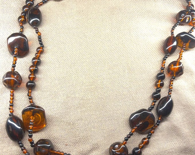 Vintage Amber Lucite Beaded Necklace Multi-strand 30 Inches