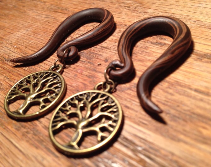 Simulated wood GAUGED EARRINGS 6g-00g choose your size and dangling charm (Tree of Life, Hamsa, Lotus, Om, etc)