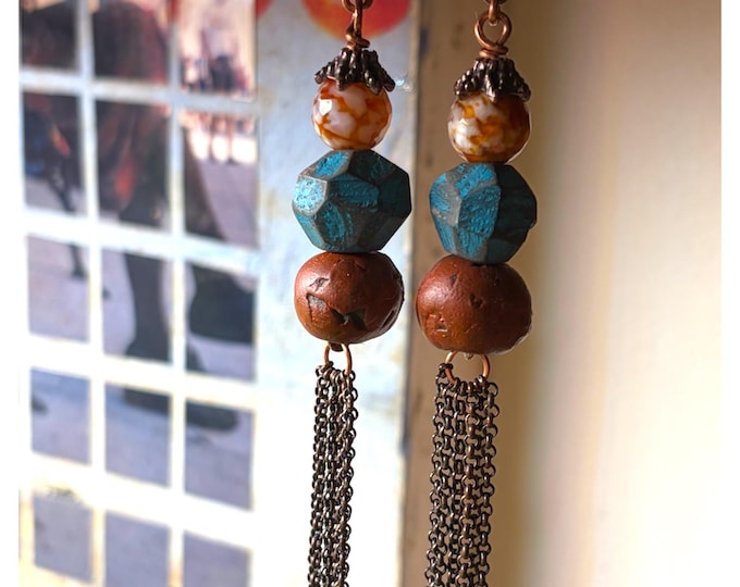 RUSTIC handmade clay & faceted agate bead earrings with long copper chain dangles OOAK Boho Turquoise/Terracotta shades