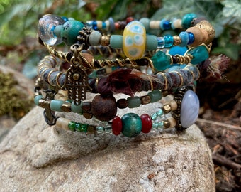 Rustic, tribal gypsy style beaded Bangle Stack in shades of blue