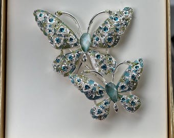 Vintage 1950s-60s Napier Butterfly Brooch Blue Pave Crystal Rhinestone Duo SIGNED, New in Box NIB