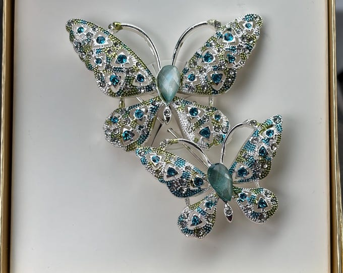 Vintage 1950s-60s Napier Butterfly Brooch Blue Pave Crystal Rhinestone Duo SIGNED, New in Box NIB