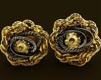 HATTIE CARNEGIE 1” gold tone & gunmetal chain-rimmed ATOMIC design clip-on vintage earrings