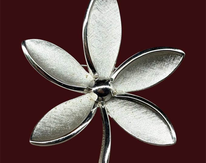 CROWN TRIFARI signed silver tone FLOWER brooch brushed metal pin 1970s
