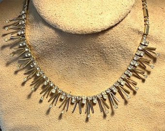 Vintage 1950s-1960s SARAH COVENTRY gold tone rhinestone FRINGE necklace—mid-century statement collar bib jewelry 18”