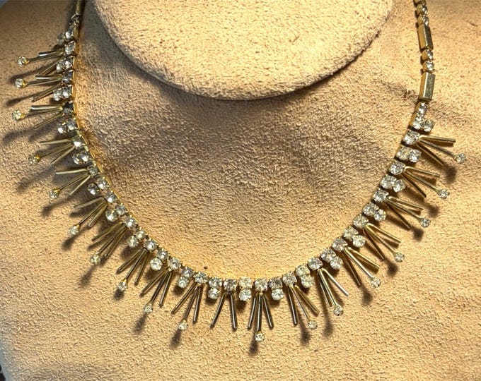 Vintage 1950s-1960s SARAH COVENTRY gold tone rhinestone FRINGE necklace—mid-century statement collar bib jewelry 18”