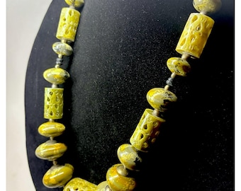 Vintage Chinese Nephrite Jade Necklace, glazed Porcelain, Chalcedony Spacers CHUNKY statement piece