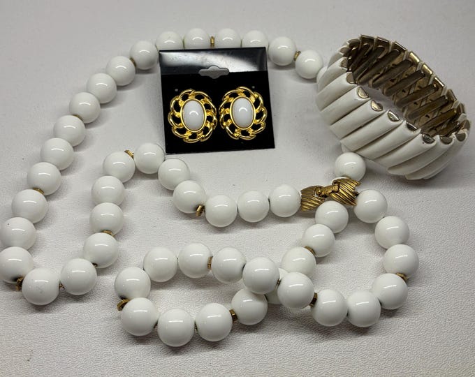 MONET Beaded necklace and pierced earrings set, (matching expandable bracelet optional add-on)—Gold tone, WHITE acrylic plastic, 60s Mod
