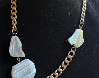 Blue gray banded waterline natural Agate statement necklace with chunky stainless steel chain, 21”-24” adjustable unisex