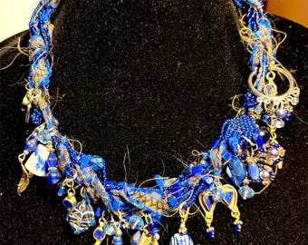 CHARM NECKLACE in blue with frayed sari silk, crystals, vintage charms, beads & sterling lapis lazuli dangles OOAK Gypsy Palace original