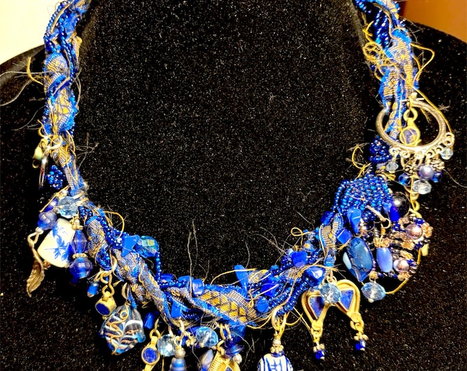 CHARM NECKLACE in blue with frayed sari silk, crystals, vintage charms, beads & sterling lapis lazuli dangles OOAK Gypsy Palace original