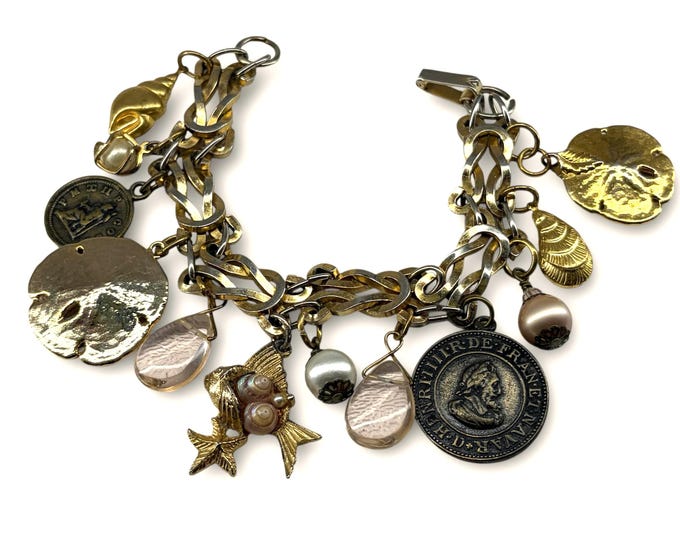 Ocean-themed gold tone OOAK Charm bracelet upcycled/reworked with vintage charms, shells & pearls on vintage link chain 7.5”