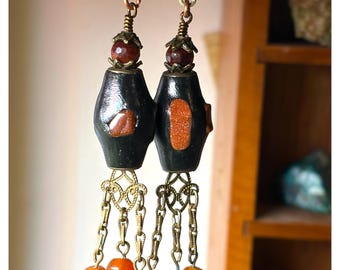 Hand-sculpted clay & goldstone bead earrings with carnelian dangles on vintage brass filigree chains OOAK