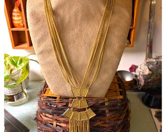 Vintage Coro or Goldette (?) Unsigned Etruscan Revival Fringe Necklace Gold Tone