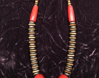 Chunky vintage Tibetan tribal style necklace with faux coral and bone beads