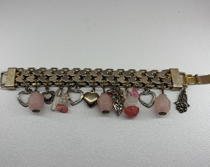 Signed KRAMER gold/silver tone HEARTS bracelet customized by Gypsy Palace with charms & rose quartz crystals OOAK upcycled vintage!