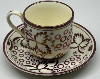 Vtg. Gray’s Pottery Copper Lustre Demitasse Cup/Saucer Hand Painted Cappuccino set, metallic glaze