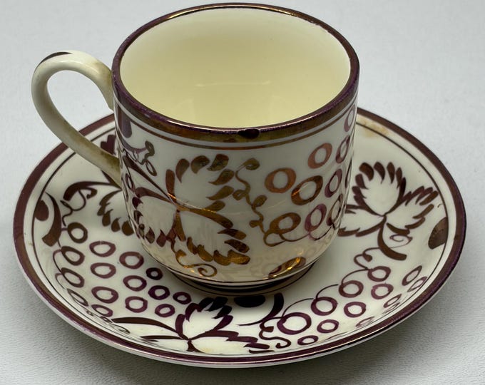 Vtg. Gray’s Pottery Copper Lustre Demitasse Cup/Saucer Hand Painted Cappuccino set, metallic glaze