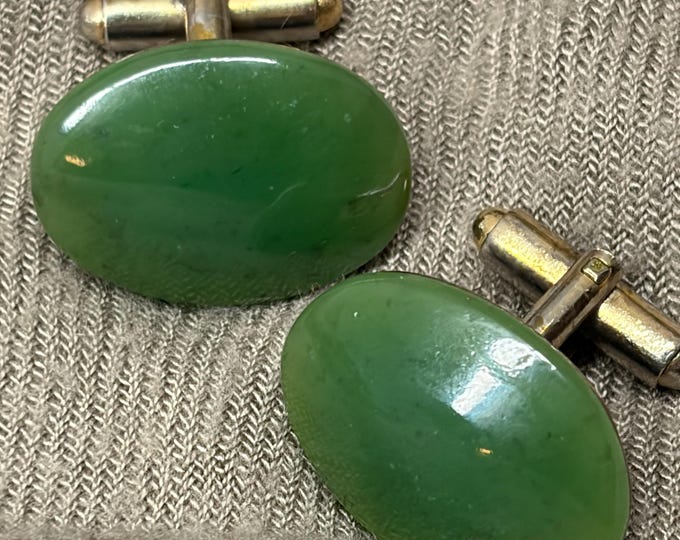 Green Aventurine gemstone OVAL CUFFLINKS vintage, silver-tone, 25mm for men and women