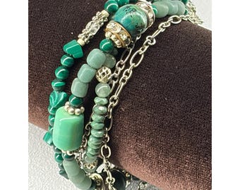 Green Multistrand Malachite, Turquoise, Aventurine beaded bracelet with silver chains & vintage rhinestone beads, large size 8” adjustable