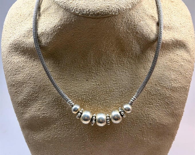 Vintage oxidized sterling BALI silver FOXTAIL/WHEAT beaded necklace  18”-20” unisex 4mm thick chain 53g men/women