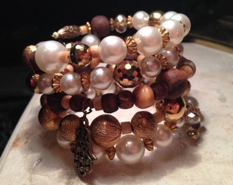 Fabulous Gypsy Bling memory wire bracelet with faux pearls, brass, crystals, bone and handmade wooden beads