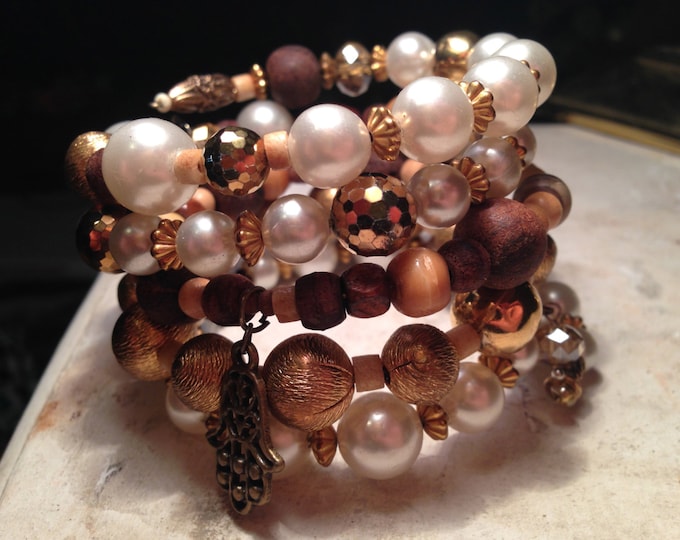 Fabulous Gypsy Bling memory wire bracelet with faux pearls, brass, crystals, bone and handmade wooden beads