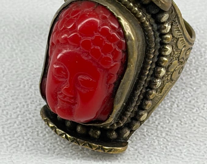 Vintage Brass Red Resin Faux Cinnabar Buddha Head Ring Adjustable Size 9