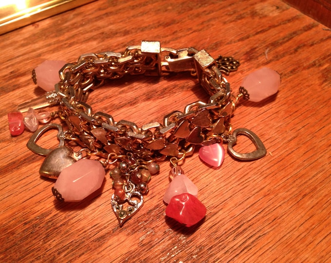 VALENTINE'S GIFT special--Chunky brass/silver "Sweetie Pie" HEART charm bracelet--made w/vintage charms & gemstones--free shipping!