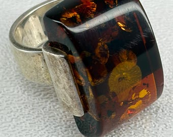 Vintage 925 Argentium Silver Large Genuine Baltic COGNAC AMBER Modernist Ring Size 6.5