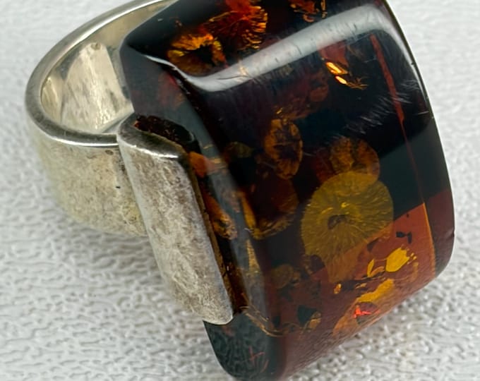 Vintage 925 Argentium Silver Large Genuine Baltic COGNAC AMBER Modernist Ring Size 6.5