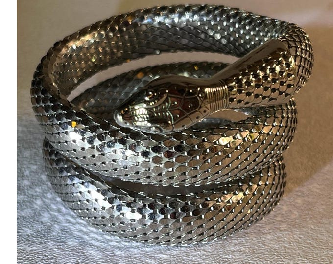 Authentic marked WHITING & DAVIS vintage triple-coil mesh SNAKE serpent bracelet—silver tone