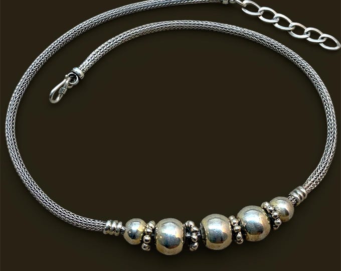 Vintage Bali Sterling Silver Foxtail Chain Necklace, Beaded Unisex Design
