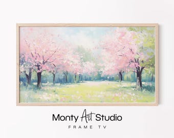 Cherry Blossom Trees Park, Pink Pastel Artwork, Spring Floral Painting, Samsung Frame TV, Elegant Home Wall Decor 2043