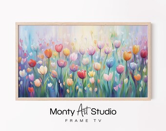 Tulip Flowers TV Art, Pastel Spring Painting for Samsung Frame, Playful Floral Wall Decor, Vibrant Home Accent, 2028