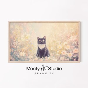 Adorable Kitten in Flowers – Pastel Cat Painting, Whimsical Feline Art, Samsung Frame TV Artwork, Charming Home Decor 2074