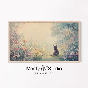 Blossom Garden Cat – Whimsical Feline Painting, Floral Pastel Art, Samsung Frame TV Artwork, Cozy Home Decor 2078